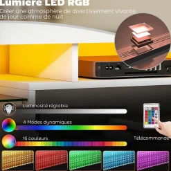 Meuble TV design blanc laqué LED réglable - 2 étagères verre trempé, niche, porte - dim. 120 x 34 x 45 cm