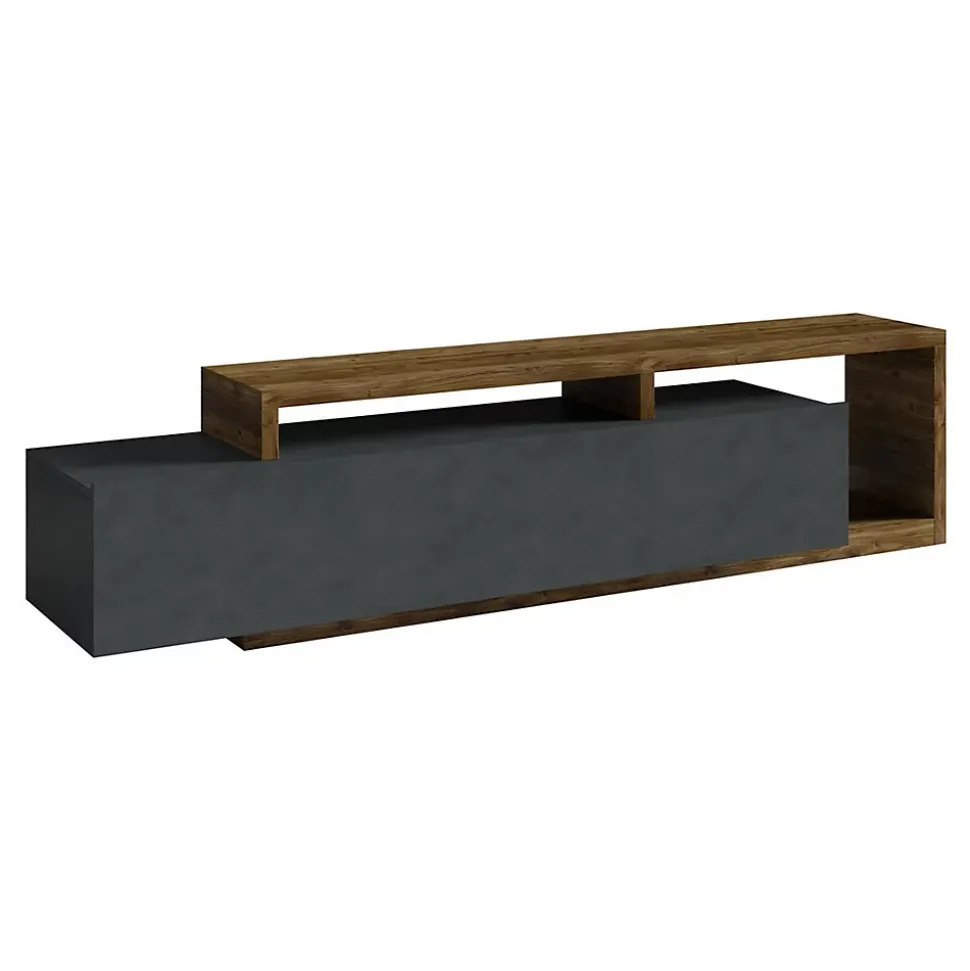 Meuble TV design 220cm collection BERGAME. Coloris gris et chene foncé.
