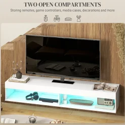 Meuble TV design LED suspendu mural - 75 pouces max. - 2 niches - dim. 180L x 40l x 30H cm - aspect bois blanc