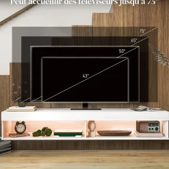 Meuble TV design LED suspendu mural - 75 pouces max. - 2 niches - dim. 180L x 40l x 30H cm - aspect bois blanc