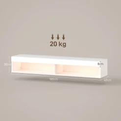 Meuble TV design LED suspendu mural - 75 pouces max. - 2 niches - dim. 180L x 40l x 30H cm - aspect bois blanc