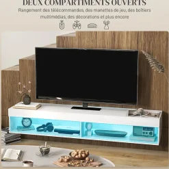 Meuble TV design LED suspendu mural - 75 pouces max. - 2 niches - dim. 180L x 40l x 30H cm - aspect bois blanc