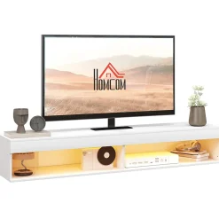 Meuble TV design LED suspendu mural - 75 pouces max. - 2 niches - dim. 180L x 40l x 30H cm - aspect bois blanc