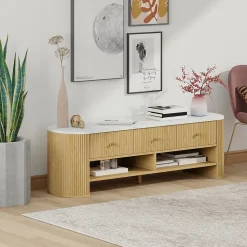 Meuble TV design ovale effet marbre blanc 140 x 40 x 43 cm 3 tiroirs 2 niches aspect bois clair