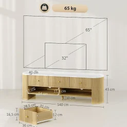 Meuble TV design ovale effet marbre blanc 140 x 40 x 43 cm 3 tiroirs 2 niches aspect bois clair