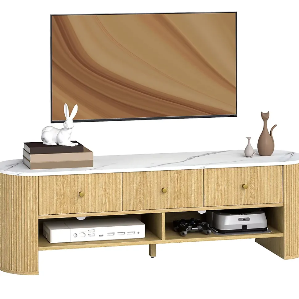 Meuble TV design ovale effet marbre blanc 140 x 40 x 43 cm 3 tiroirs 2 niches aspect bois clair