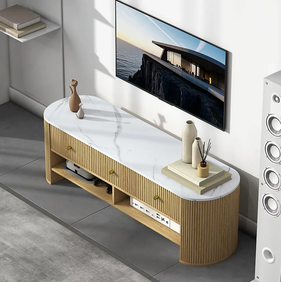 Meuble TV design ovale effet marbre blanc 140 x 40 x 43 cm 3 tiroirs 2 niches aspect bois clair