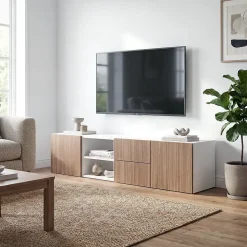 Meuble TV effet chêne et blanc avec 2 tiroirs et 2 portes GoodHome Atomia H. 37 x L. 150 x P. 45 cm