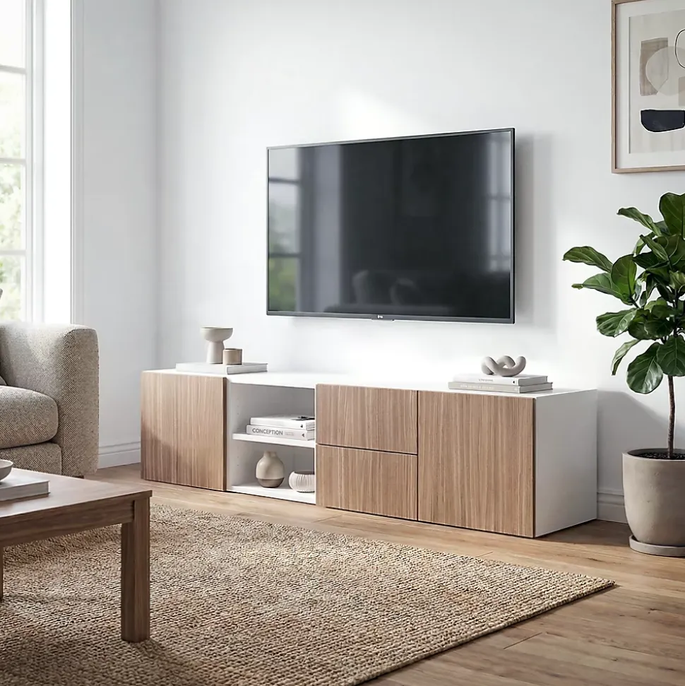 Meuble TV effet chêne et blanc avec 2 tiroirs et 2 portes GoodHome Atomia H. 37 x L. 150 x P. 45 cm