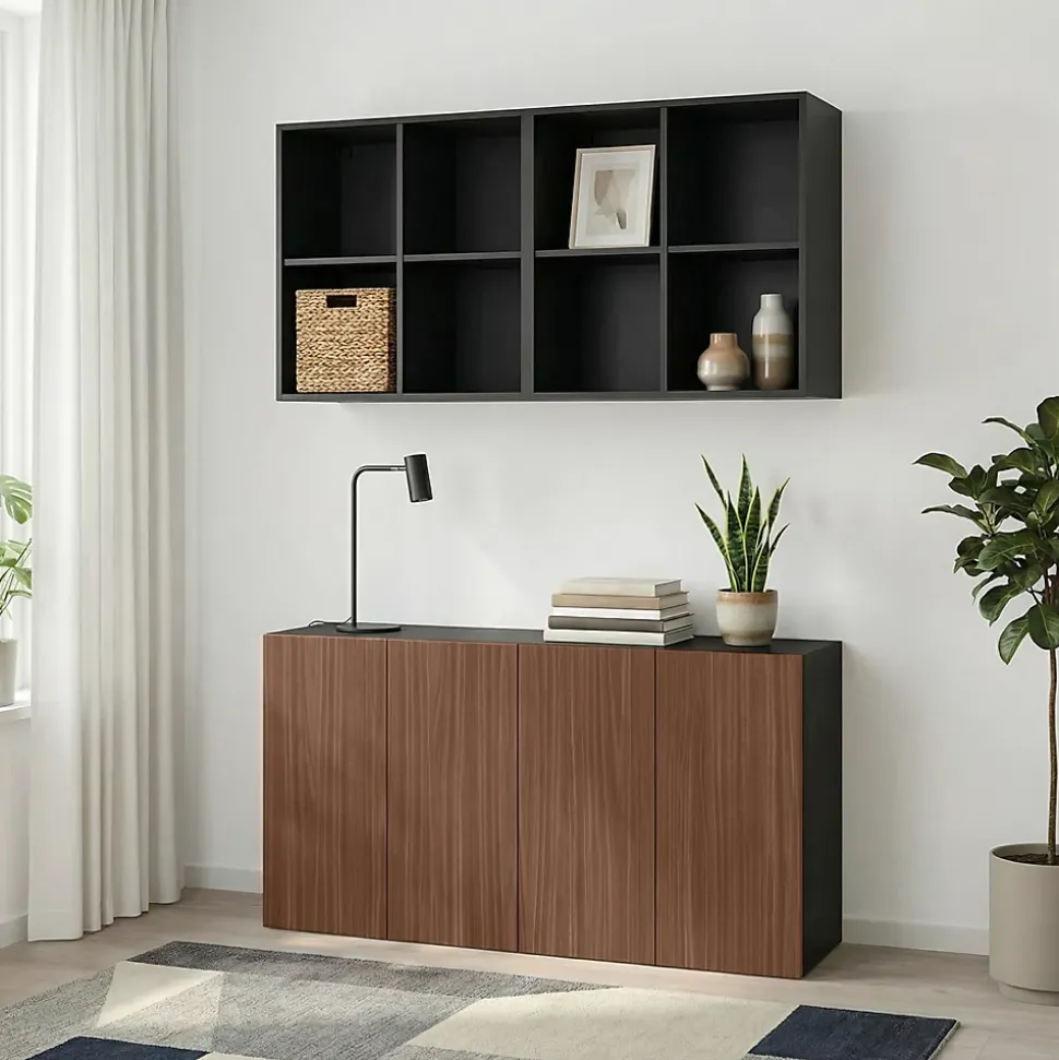 Meuble TV effet noyer et noir 4 portes avec étagère suspendue GoodHome Atomia H. 150 x L. 150 x P. 35 cm