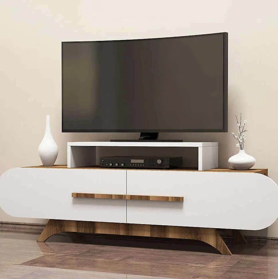 Meuble TV en aggloméré blanc et noyer Rose