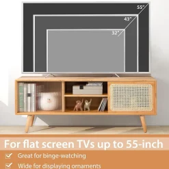 Meuble TV en Bambou pour TV 55 2 Portes Coulissantes en Rotin et Verre Trempé Étagère Réglable