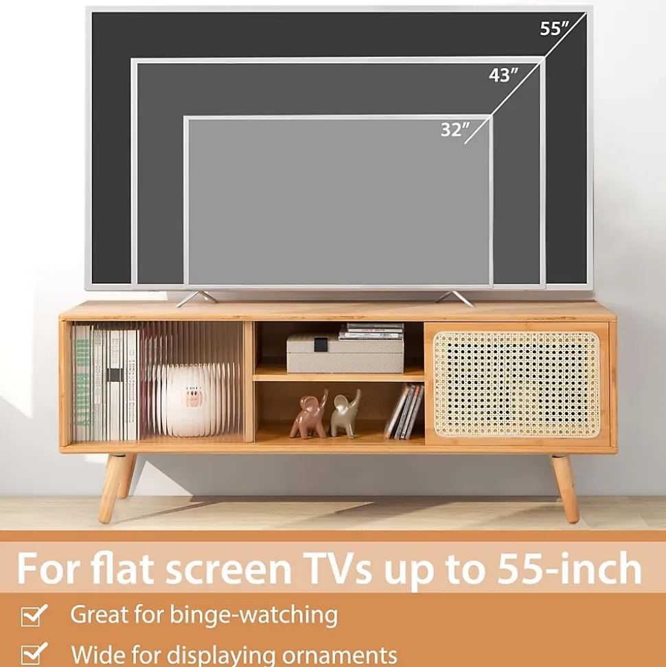 Meuble TV en Bambou pour TV 55 2 Portes Coulissantes en Rotin et Verre Trempé Étagère Réglable