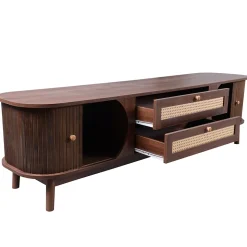 Meuble TV en bois naturel avec portes et tiroirs, côtés en rotin, solution de rangement au style campagnard naturel