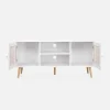 Meuble TV en cannage 120x39x56.5cm - Bohème - Blanc. 2 niveaux. 2 étagères. 2 portes. pieds scandinaves