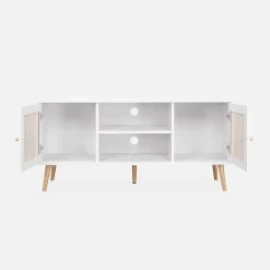Meuble TV en cannage 120x39x56.5cm - Bohème - Blanc. 2 niveaux. 2 étagères. 2 portes. pieds scandinaves