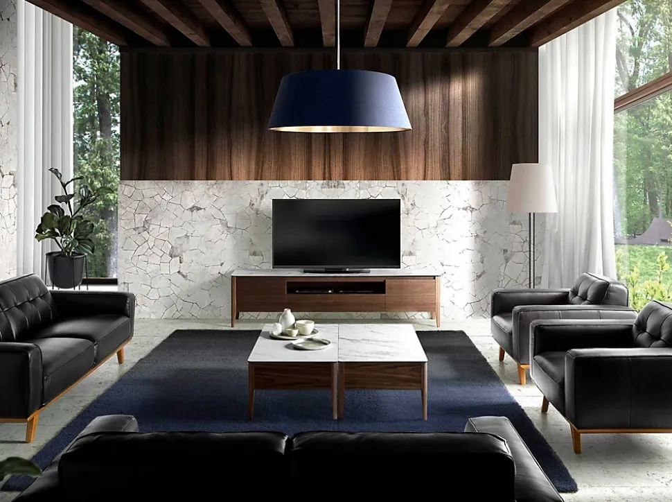 Meuble TV en noyer élégant avec plateau en verre effet marbre blanc