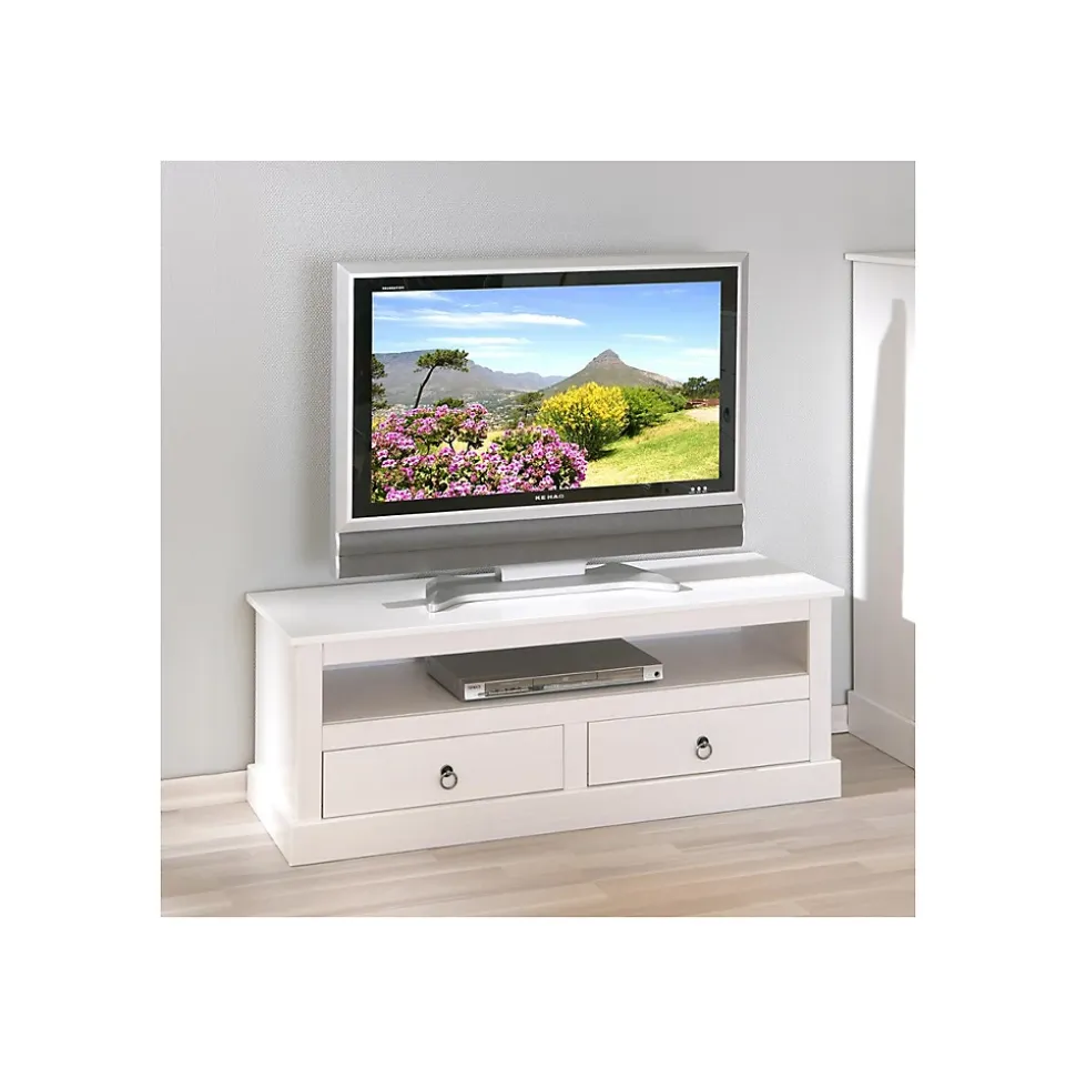 Meuble TV en Pin Massif "Abigael" 118cm Blanc