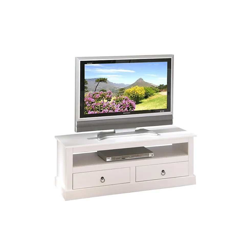 Meuble TV en Pin Massif "Abigael" 118cm Blanc