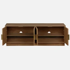 Meuble TV exotique 4 portes décor bois de manguier. poignées en métal doré L 140 x P 40 x H 48cm