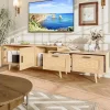 Meuble TV extensible en chêne clair avec portes en rotin tressé, grand espace de rangement et design naturel moderne