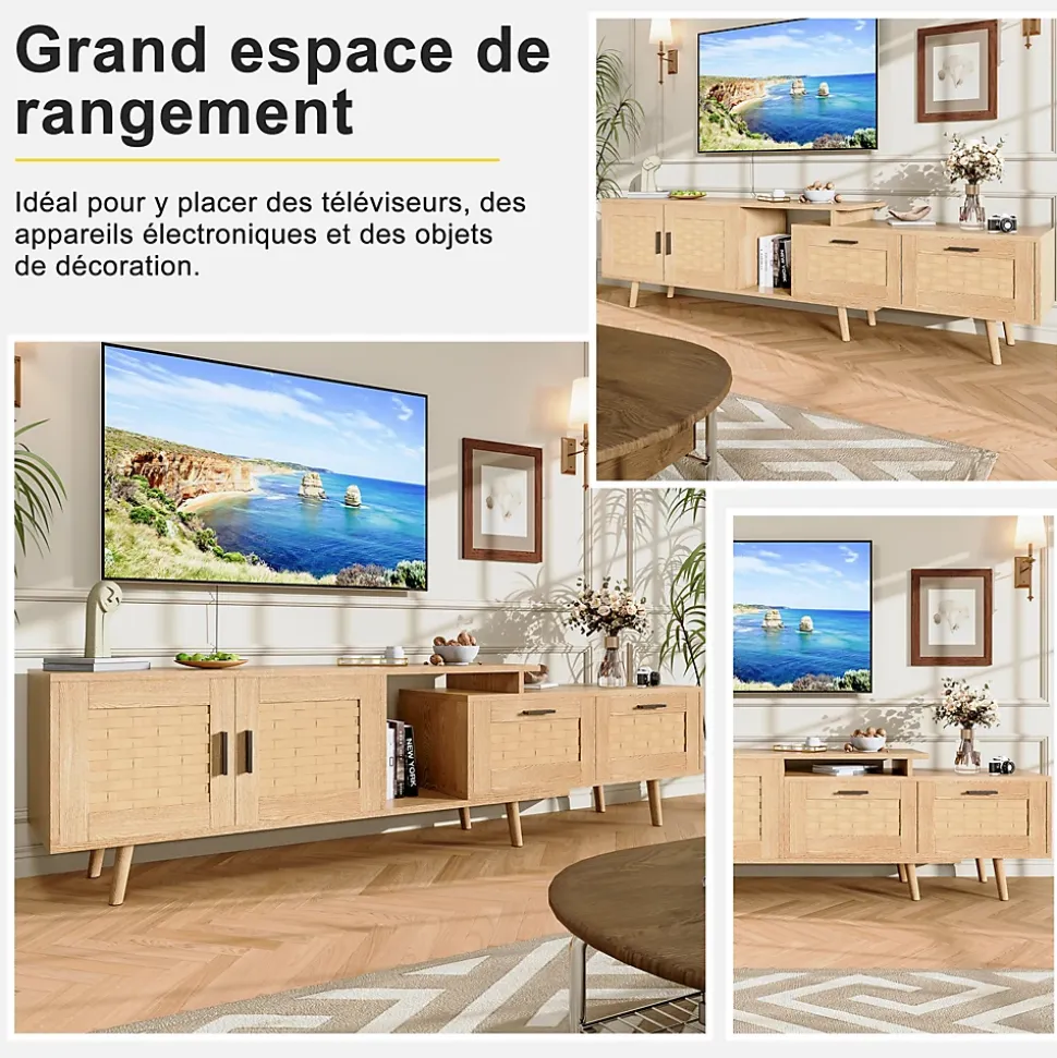 Meuble TV extensible en chêne clair avec portes en rotin tressé, grand espace de rangement et design naturel moderne