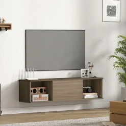 Meuble TV flottant suspendu - 2 niches, porte battante - effet bois noisetier brun gris