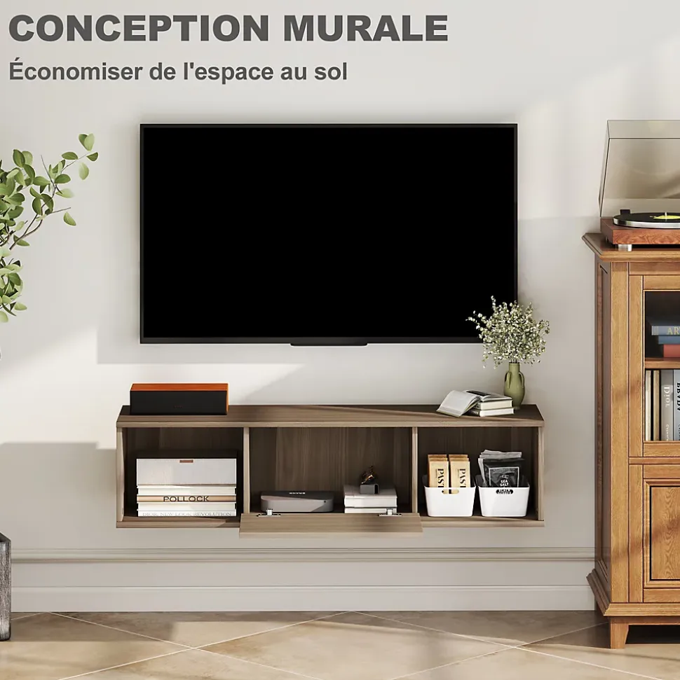Meuble TV flottant suspendu - 2 niches, porte battante - effet bois noisetier brun gris
