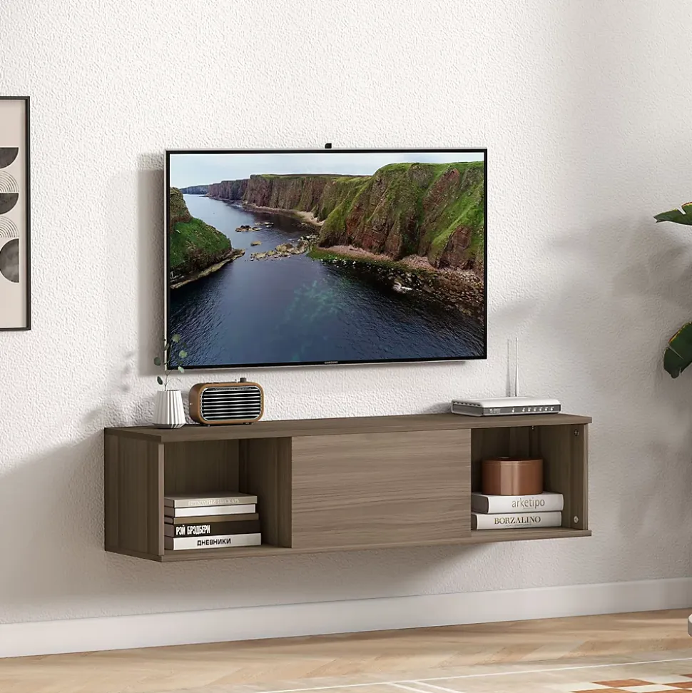 Meuble TV flottant suspendu - 2 niches, porte battante - effet bois noisetier brun gris