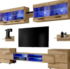 Meuble TV Foggia Komodee - LED Bleues - Bois naturel Mat et Bois naturel - 230 x 195 x 35 cm