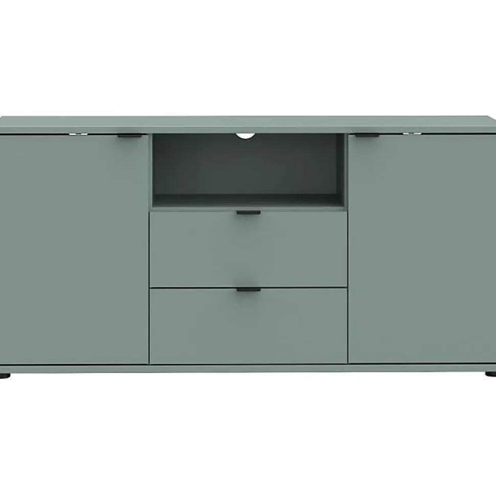 Meuble TV GANYMEDE 130 cm Sauge 2 portes 2 tiroirs 1 niche panneaux de particules