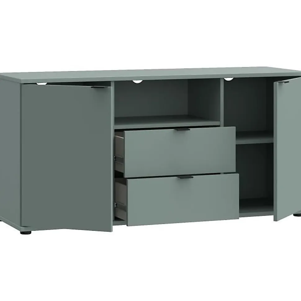 Meuble TV GANYMEDE 130 cm Sauge 2 portes 2 tiroirs 1 niche panneaux de particules
