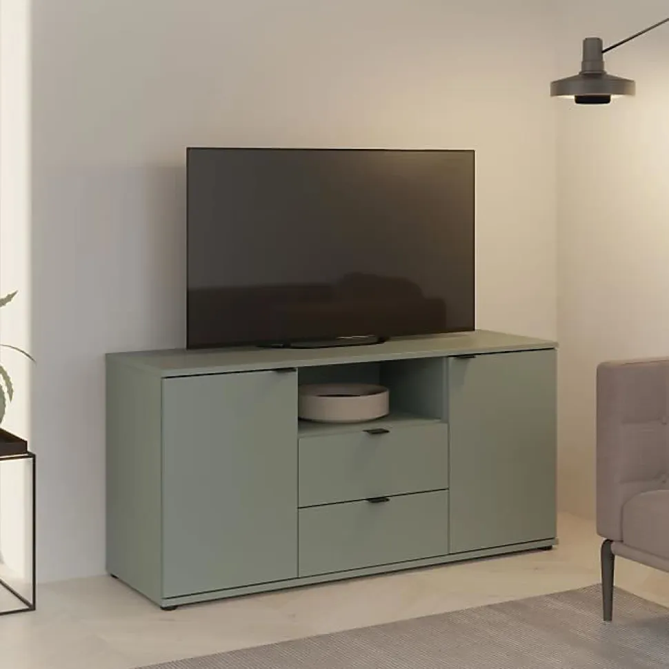 Meuble TV GANYMEDE 130 cm Sauge 2 portes 2 tiroirs 1 niche panneaux de particules