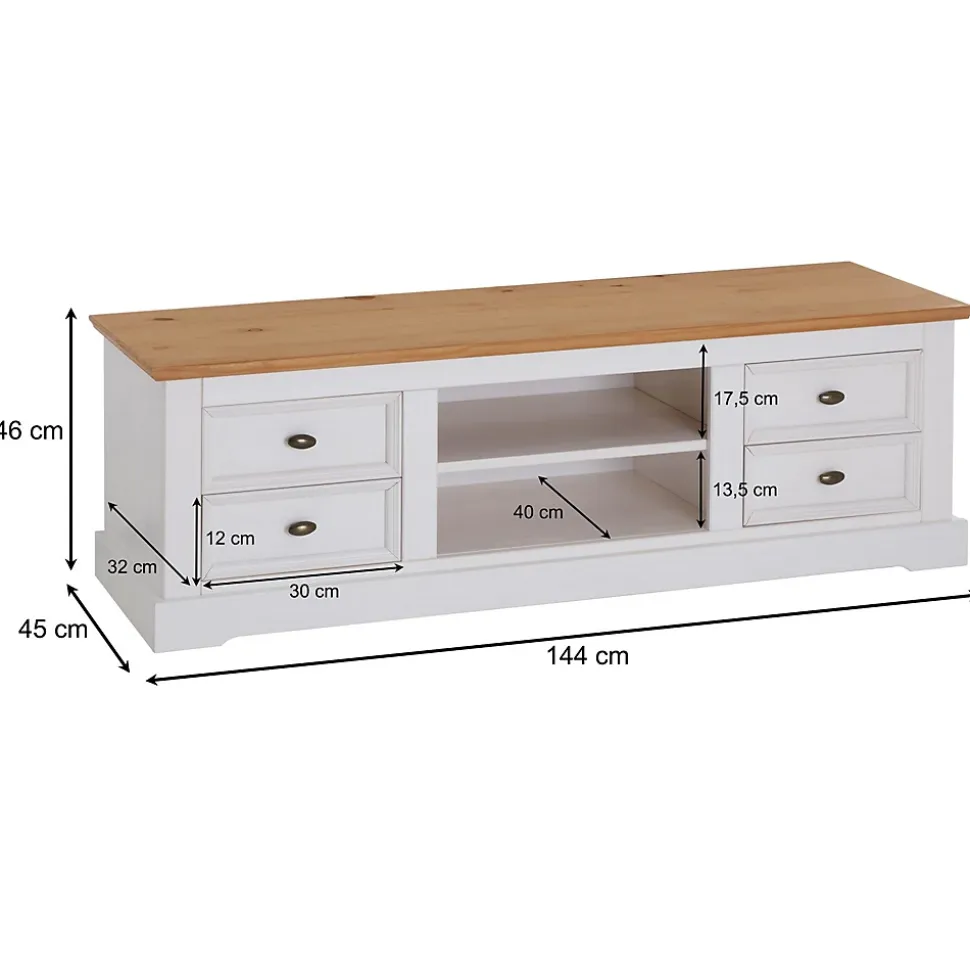 Meuble TV KENT L 144 cm en bois massif - Blanc et brun