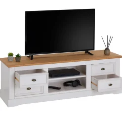 Meuble TV KENT L 144 cm en bois massif - Blanc et brun