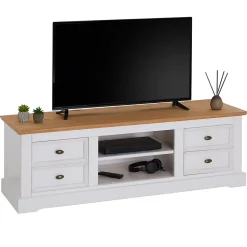 Meuble TV KENT L 144 cm en bois massif - Blanc et brun