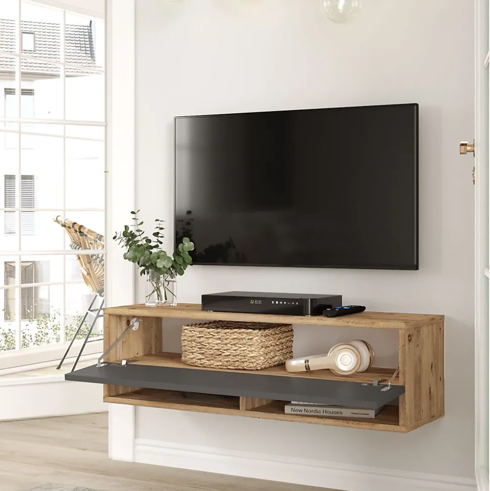 Meuble TV Laitila à porte 29,5 x 100 x 31,5 cm effet bois de pin / anthracite en.casa