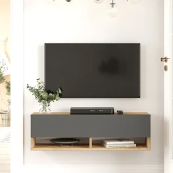 Meuble TV Laitila à porte 29,5 x 100 x 31,5 cm effet bois de pin / anthracite en.casa