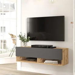 Meuble TV Laitila à porte 29,5 x 100 x 31,5 cm effet bois de pin / anthracite en.casa