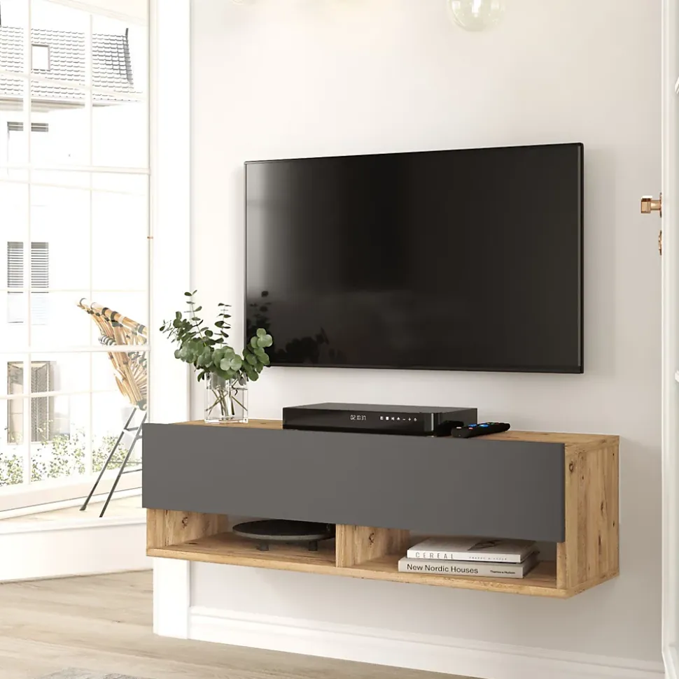 Meuble TV Laitila à porte 29,5 x 100 x 31,5 cm effet bois de pin / anthracite en.casa