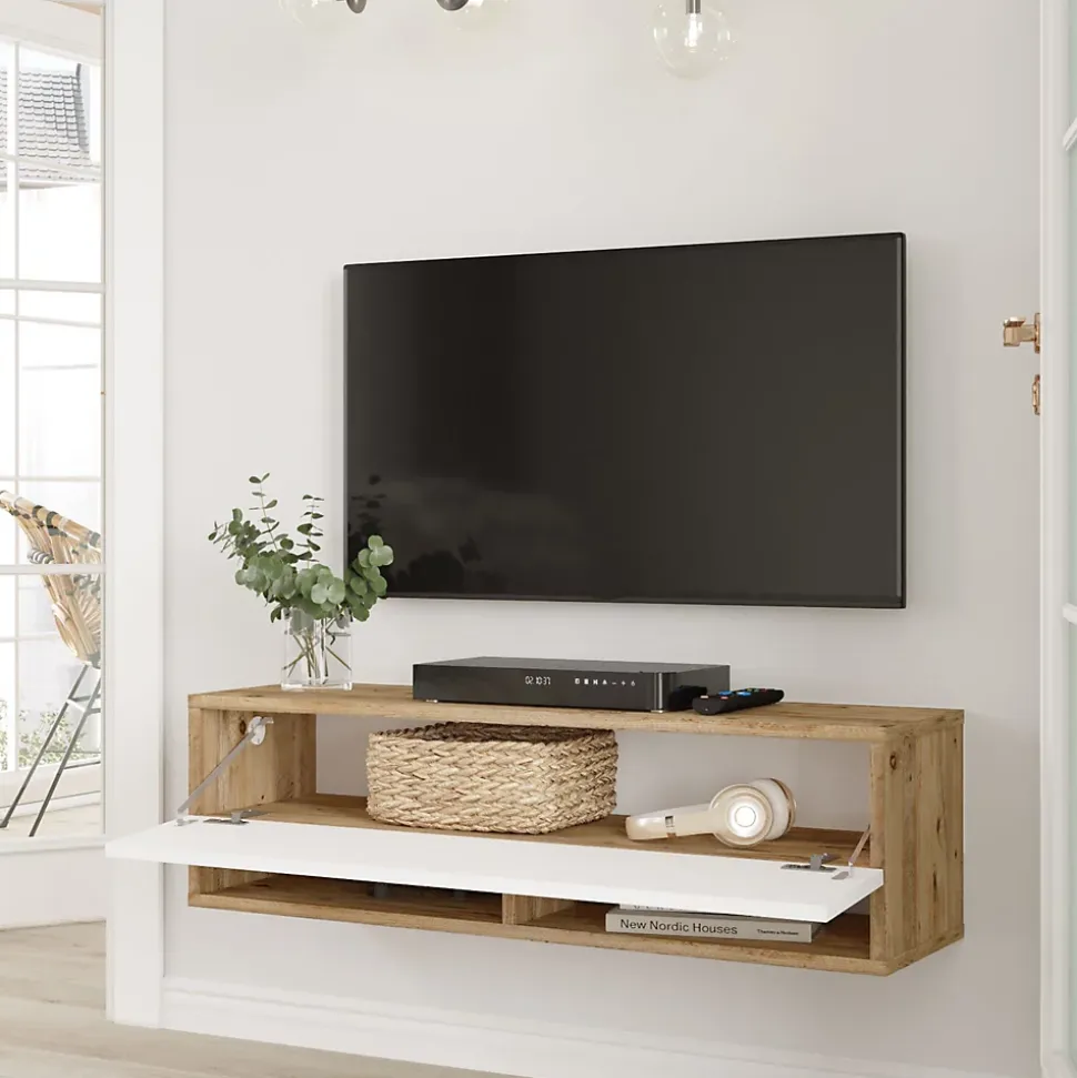 Meuble TV Laitila à porte 29,5 x 100 x 31,5 cm effet bois de pin / blanc en.casa