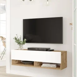 Meuble TV Laitila à porte 29,5 x 100 x 31,5 cm effet bois de pin / blanc en.casa