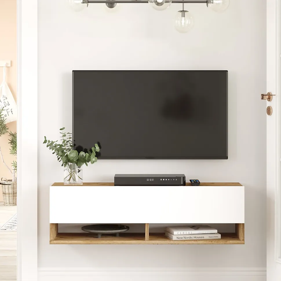 Meuble TV Laitila à porte 29,5 x 100 x 31,5 cm effet bois de pin / blanc en.casa