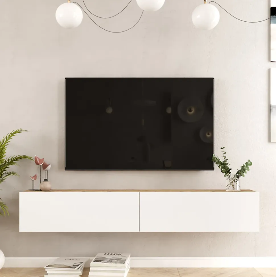 Meuble TV Lapinlahti à 2 portes 29,5 x 180 x 31,5 cm effet bois de pin / blanc en.casa