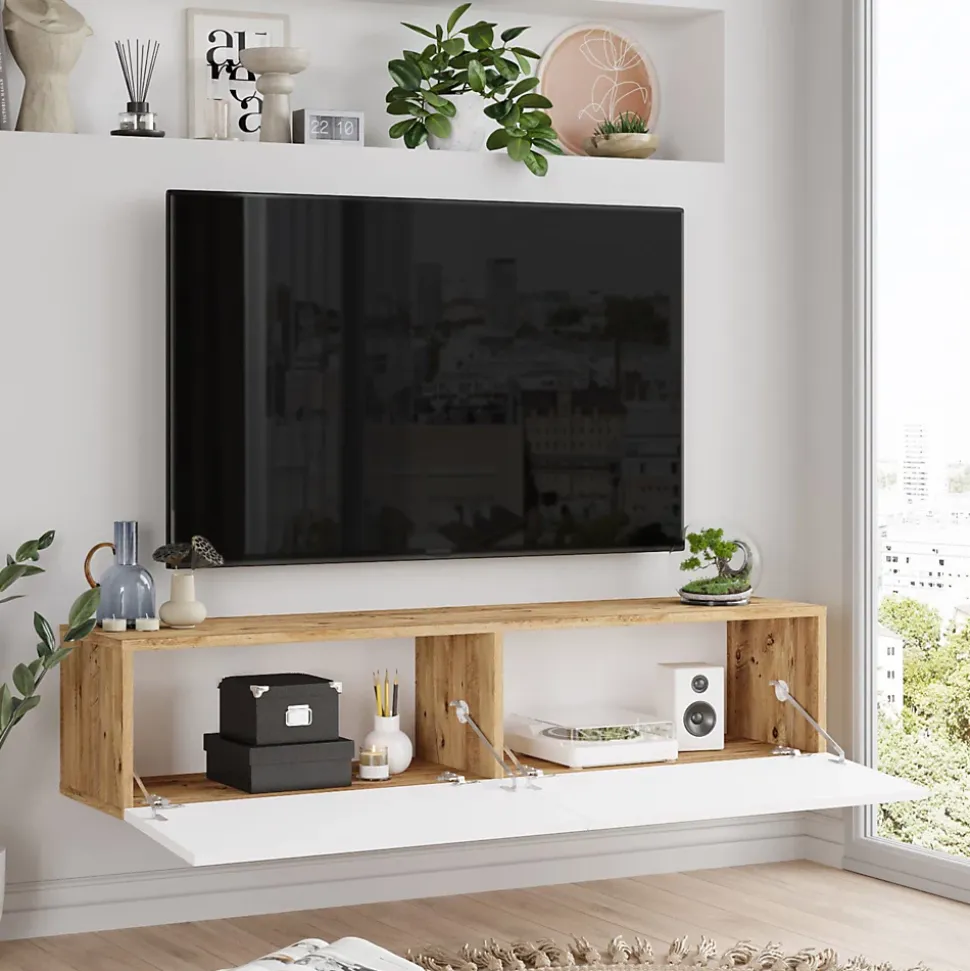 Meuble TV Lapinlahti à 2 portes 29,5 x 140 x 31,5 cm effet bois de pin / blanc en.casa