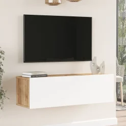 Meuble TV Lapinlahti à porte 29,5 x 100 x 31,5 cm effet bois de pin / blanc en.casa