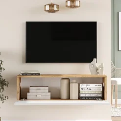 Meuble TV Lapinlahti à porte 29,5 x 100 x 31,5 cm effet bois de pin / blanc en.casa