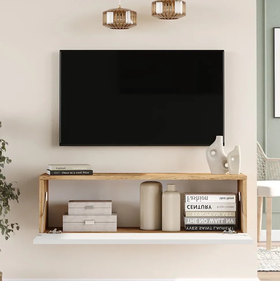 Meuble TV Lapinlahti à porte 29,5 x 100 x 31,5 cm effet bois de pin / blanc en.casa