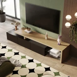 Meuble TV LED 2 pièces, banc TV 200x39x42 cm, éclairage LED RGB réglable, charge 60 kg, pour salon ou chambre, noir