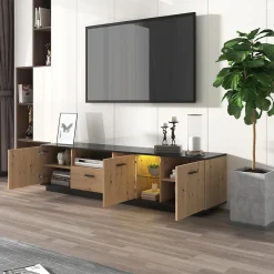 Meuble TV LED Avec 3 Portes, 2 Compartiments Ouverts Et 1 Tiroir Pour Salon, Chambre